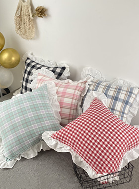 ins可爱格子全棉方抱枕 白色花边少女系卧室床上沙发靠垫腰靠含芯