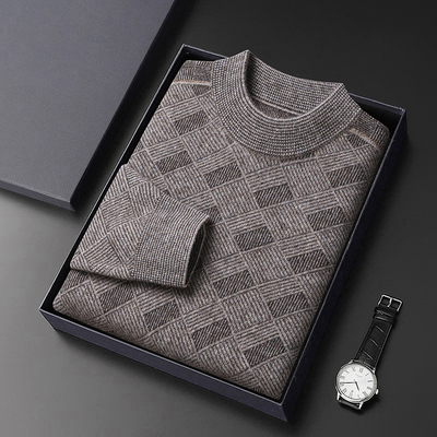 高端款羊绒衫男羊绒加厚半高领毛衣提花菱形冬季保暖针织打底衫