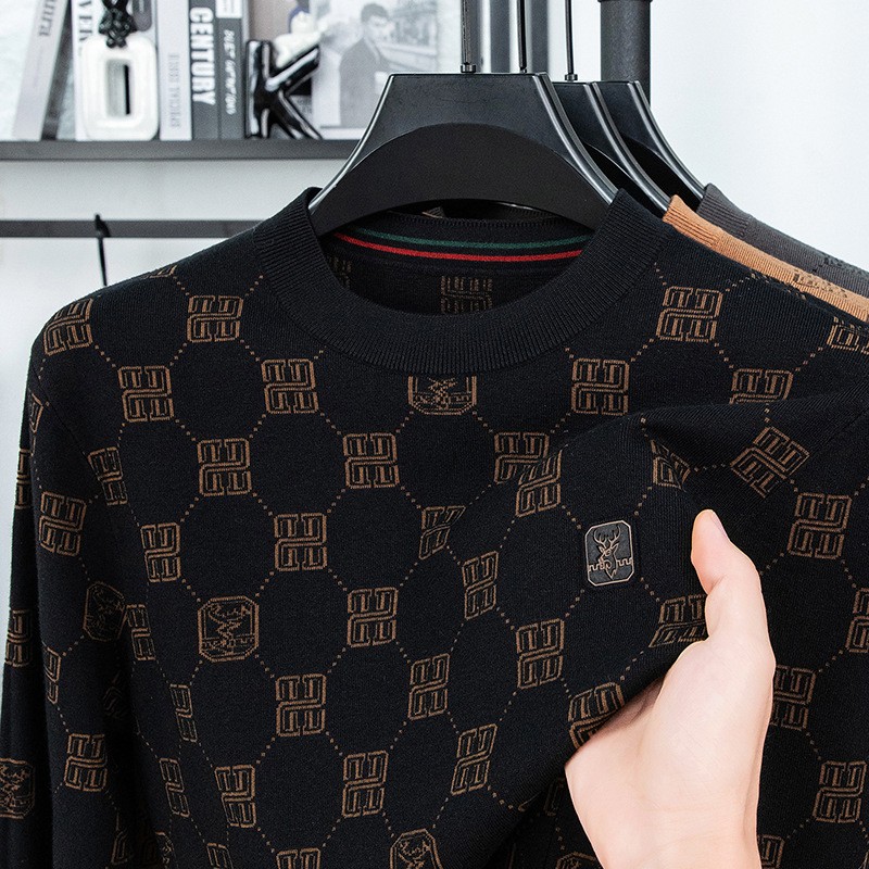跨境秋冬新款提花男士针织衫毛衣圆领中年简约时尚长袖套头打底衫