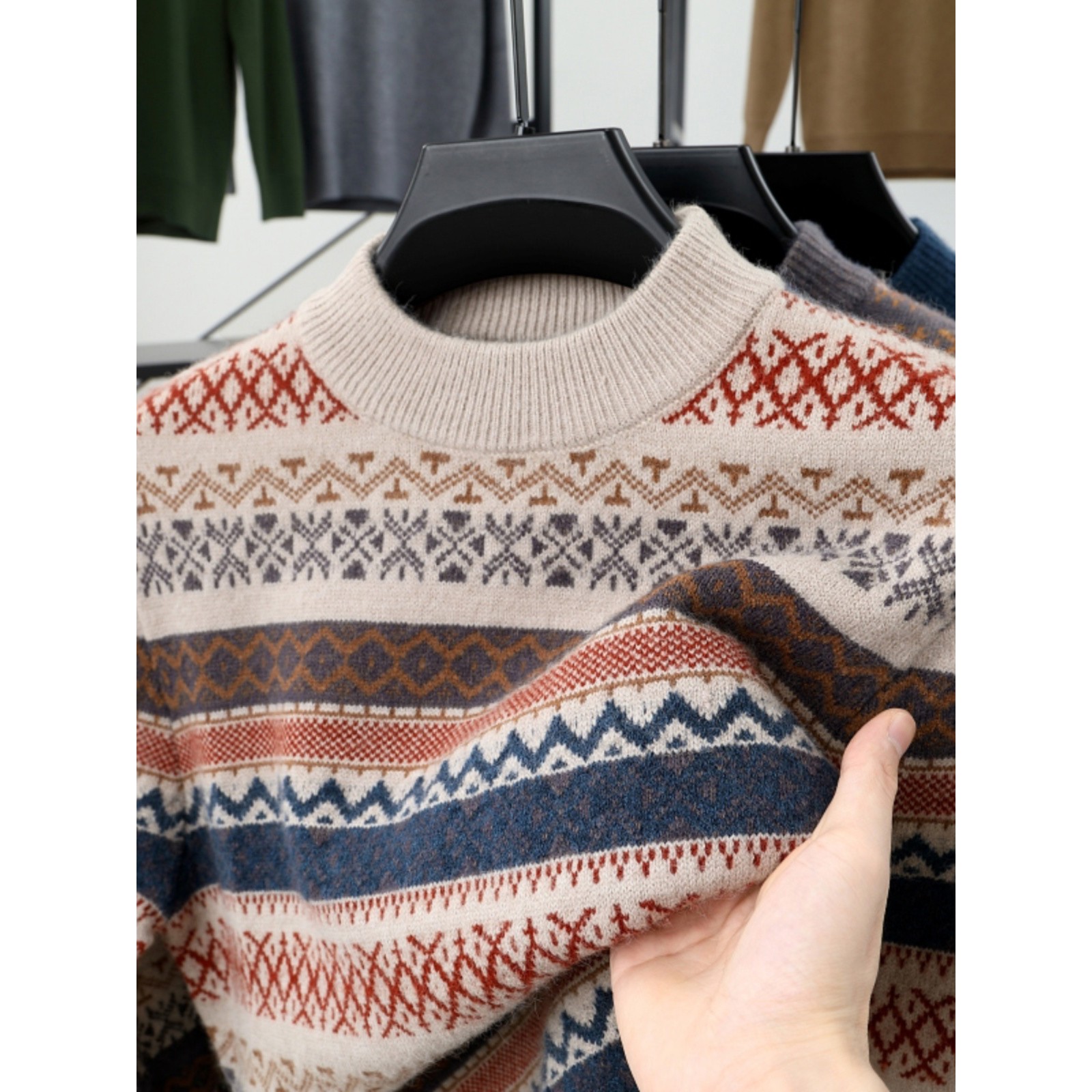 高端款双股加厚半高领羊绒衫男拼色冬季毛衣中青年羊毛针织衫男士