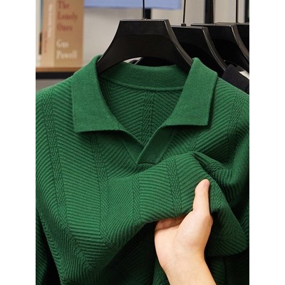 秋冬季毛衣男长袖T恤海鸥领上衣中年polo衫男弹力针织衫纯棉上衣