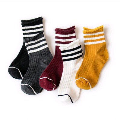 5双袜子女纯棉中筒袜子秋冬季韩国可爱卡通条纹学院风白色运动袜