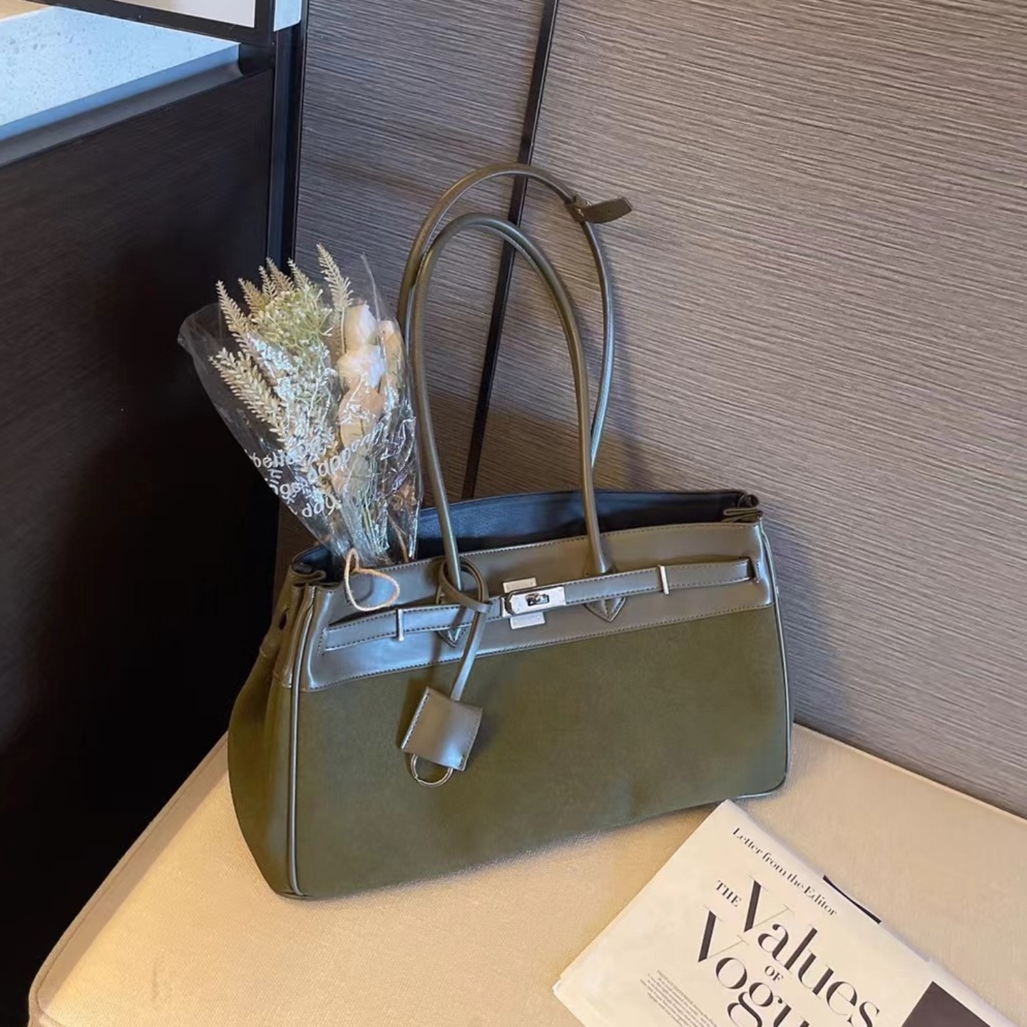 秋冬通勤女包大容量单肩托特包复古绒布拼皮铂金包包女手提腋下包