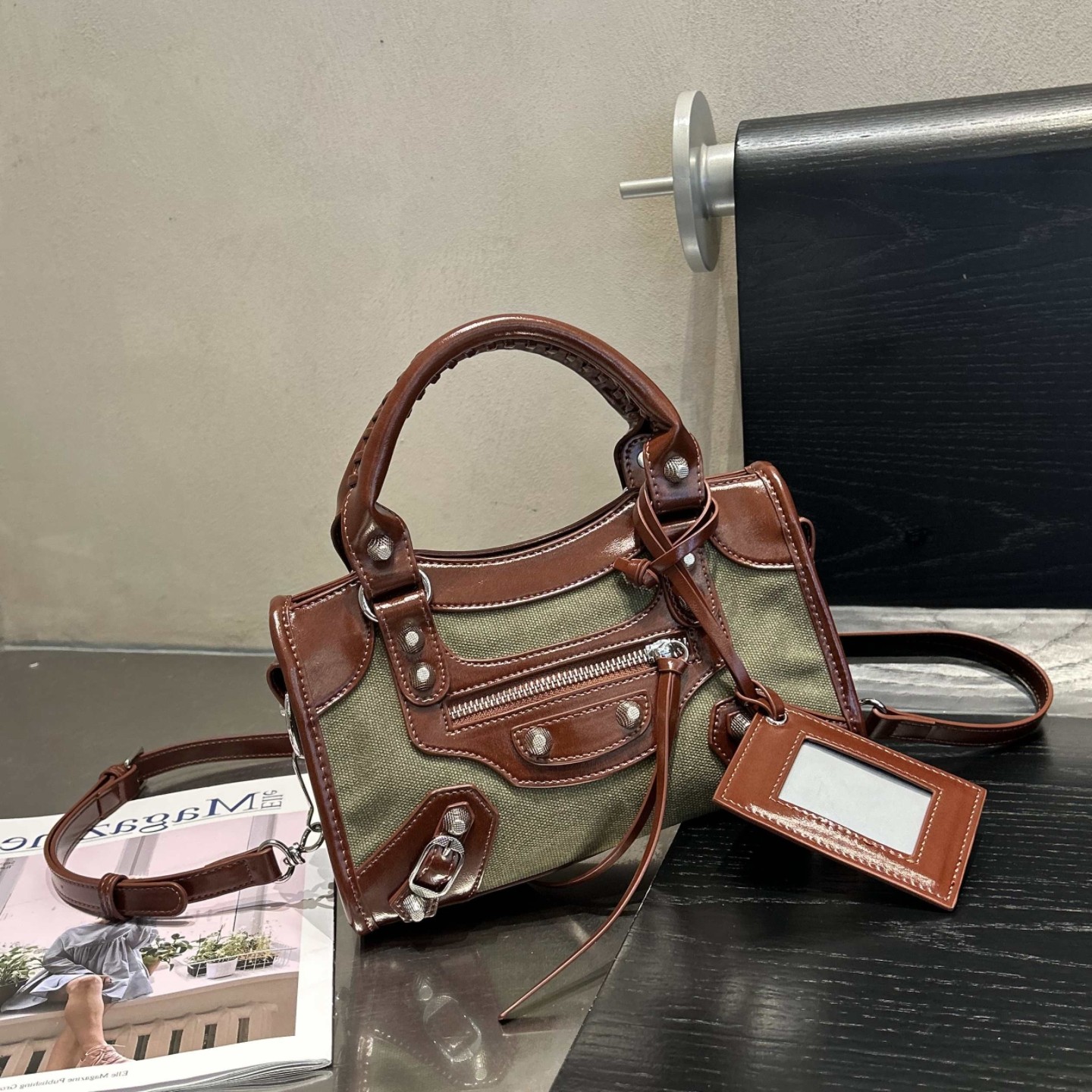 欧美女包2026新款撞色帆布机车包复古铆钉mini手提包包单肩斜挎包