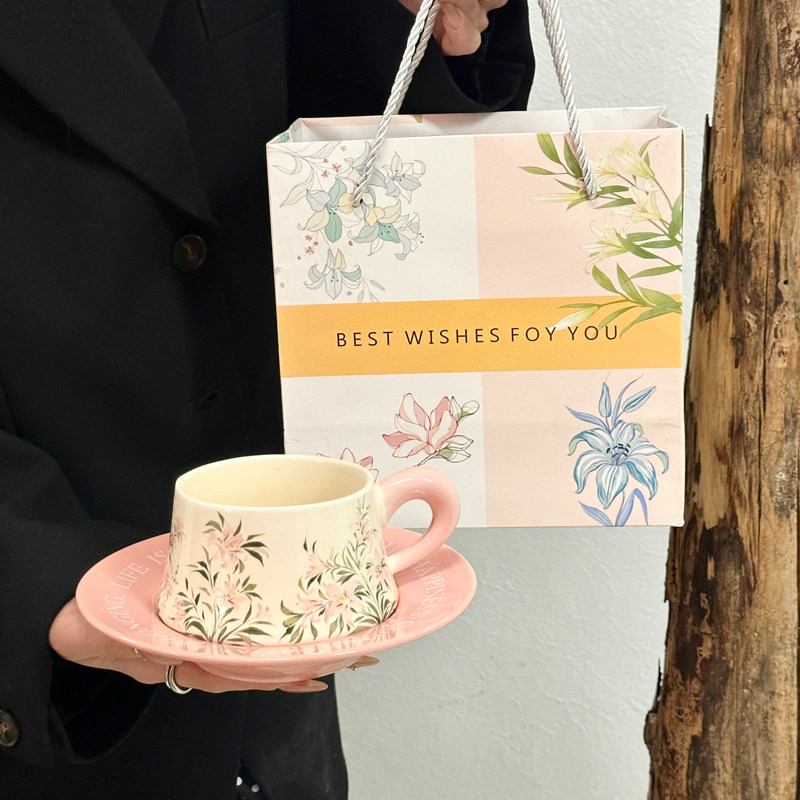 复古百合花陶瓷咖啡杯碟油画般高档精致套装下午茶马克杯伴手礼盒 - 毅然陶瓷出品
