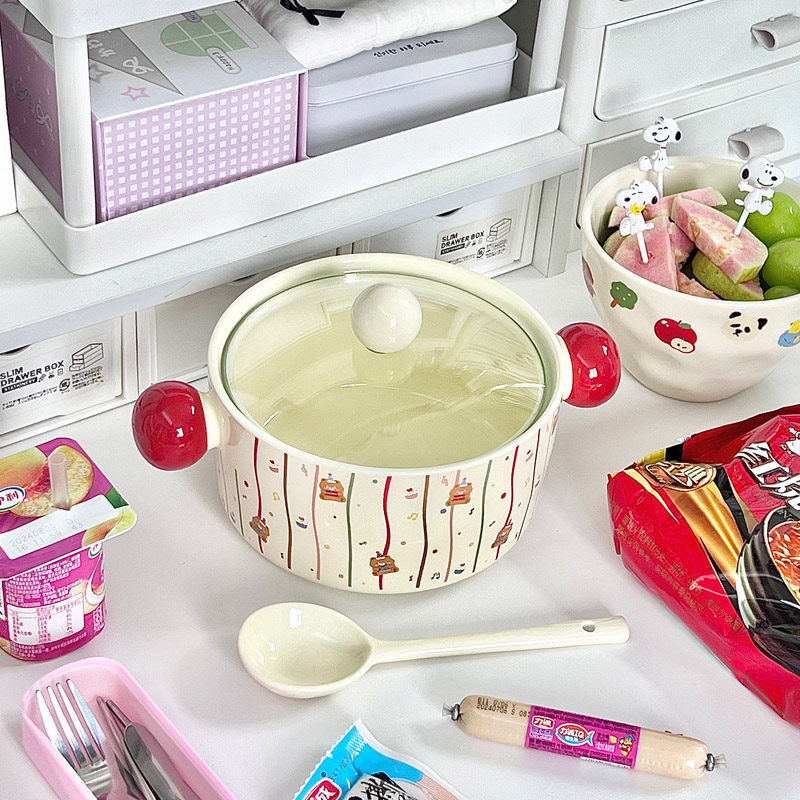 ins彩色波点陶瓷泡面碗带盖学生宿舍用方便面碗高颜值水果沙拉碗
