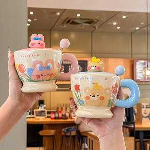 高颜值可爱小兔陶瓷马克杯带盖情侣对杯送男女生生日礼物伴手礼品