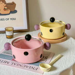 可爱波点泡面碗带盖学生宿舍用方便面碗饭碗双耳陶瓷汤碗螺蛳粉碗