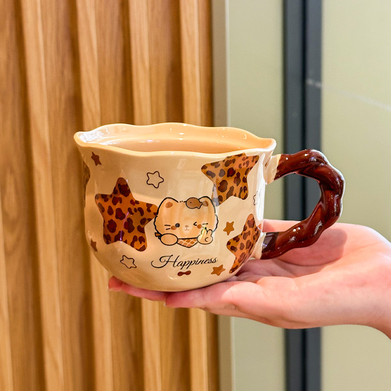 可爱少女心黑皮猫咪水杯女生大容量咖啡杯闺蜜实用陶瓷马克杯带盖