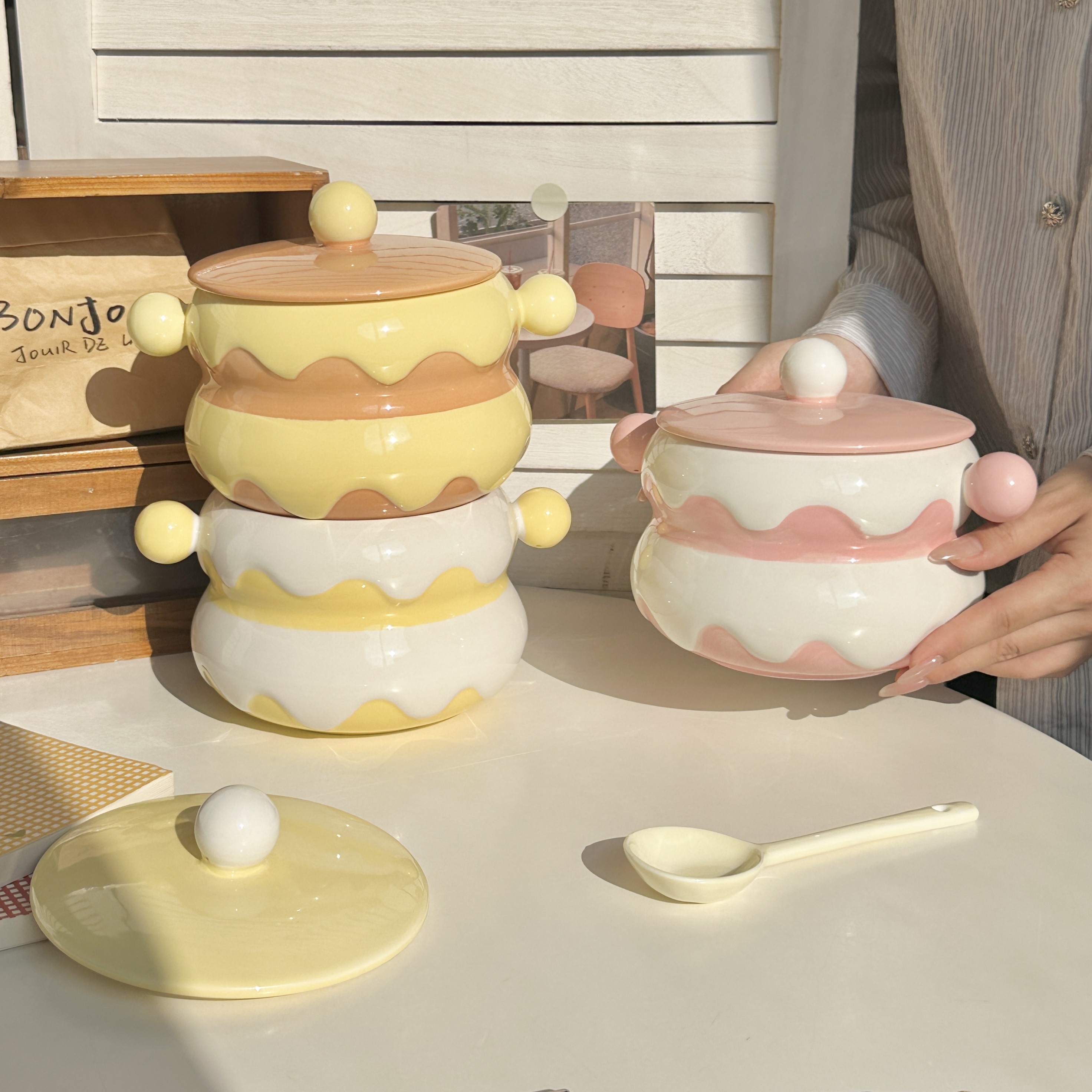 韩式可爱奶油风蛋糕双耳泡面碗2025新款陶瓷大汤碗大容量螺蛳粉碗