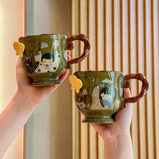 ins风复古女孩高脚杯可爱蝴蝶陶瓷马克杯办公室咖啡牛奶杯伴手礼
