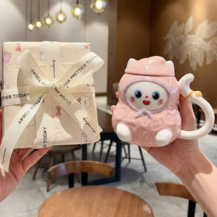 送女生生日礼物创意可爱花生猫咪杯子高颜值陶瓷马克杯带盖伴手礼