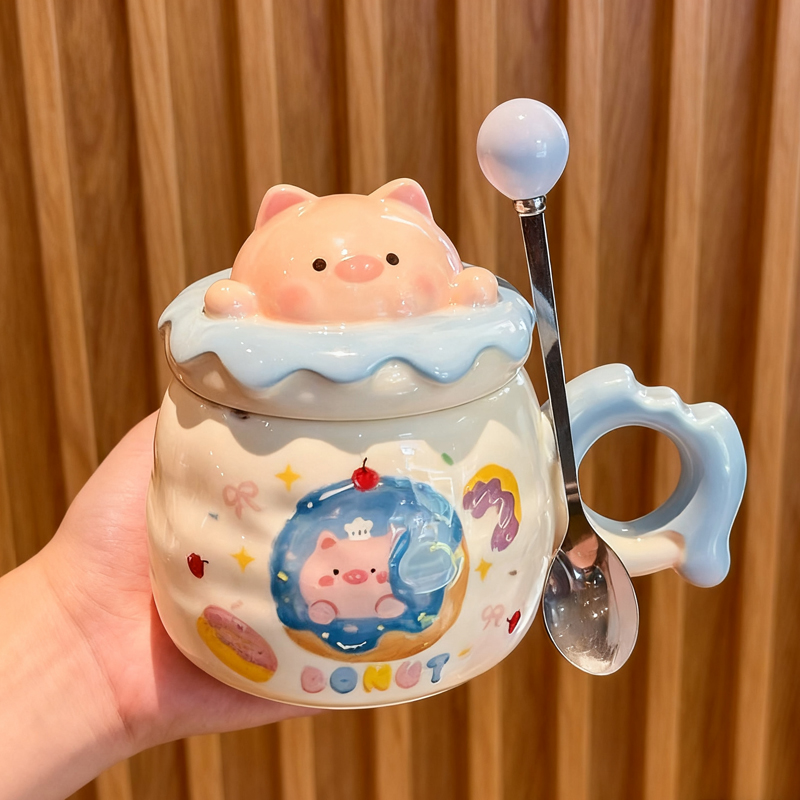 ins可爱手绘蛋糕小猪杯子礼盒情侣大容量陶瓷马克杯带盖生日礼物