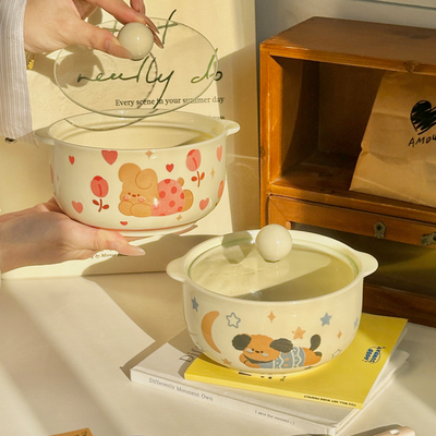 ins风可爱双耳泡面碗带盖勺家用