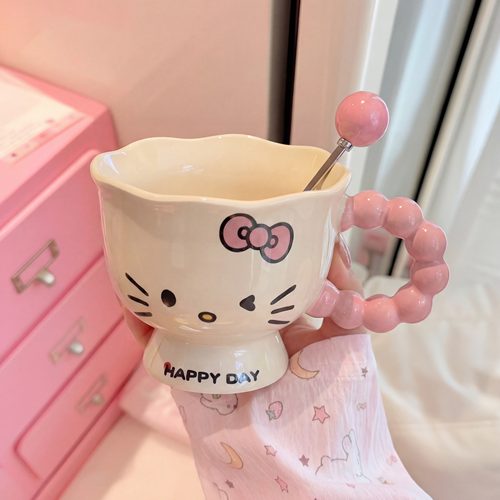 可爱少女心kt猫咪高脚杯高级感陶瓷马克杯男女生情侣咖啡杯伴手礼
