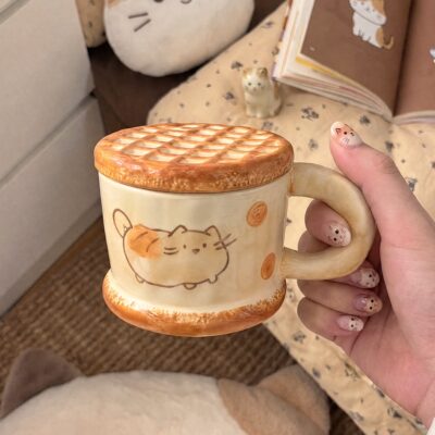 焦黄猫咪杯子小众陶瓷马克杯带盖