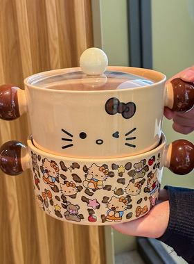 可爱高颜值黑皮kt猫咪泡面碗带盖学生宿舍打饭碗方便面碗螺蛳粉碗