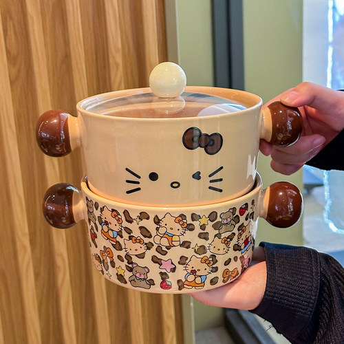 卡通可爱黑皮kt猫陶瓷泡面碗汤碗
