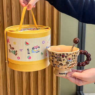 高颜值可爱豹纹猫咪高脚杯女生陶瓷马克杯送闺蜜实用伴手礼礼盒装