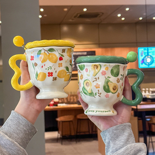 可爱高颜值陶瓷杯子带盖带勺少女心水果马克杯办公室咖啡杯伴手礼