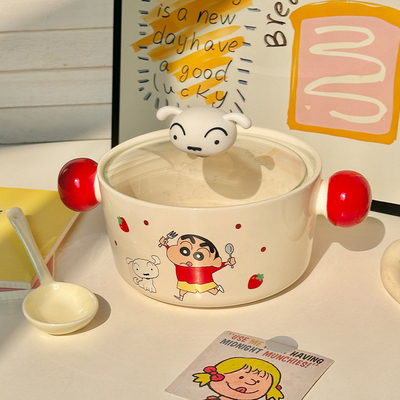 高颜值可爱蜡笔小新泡面碗带盖勺