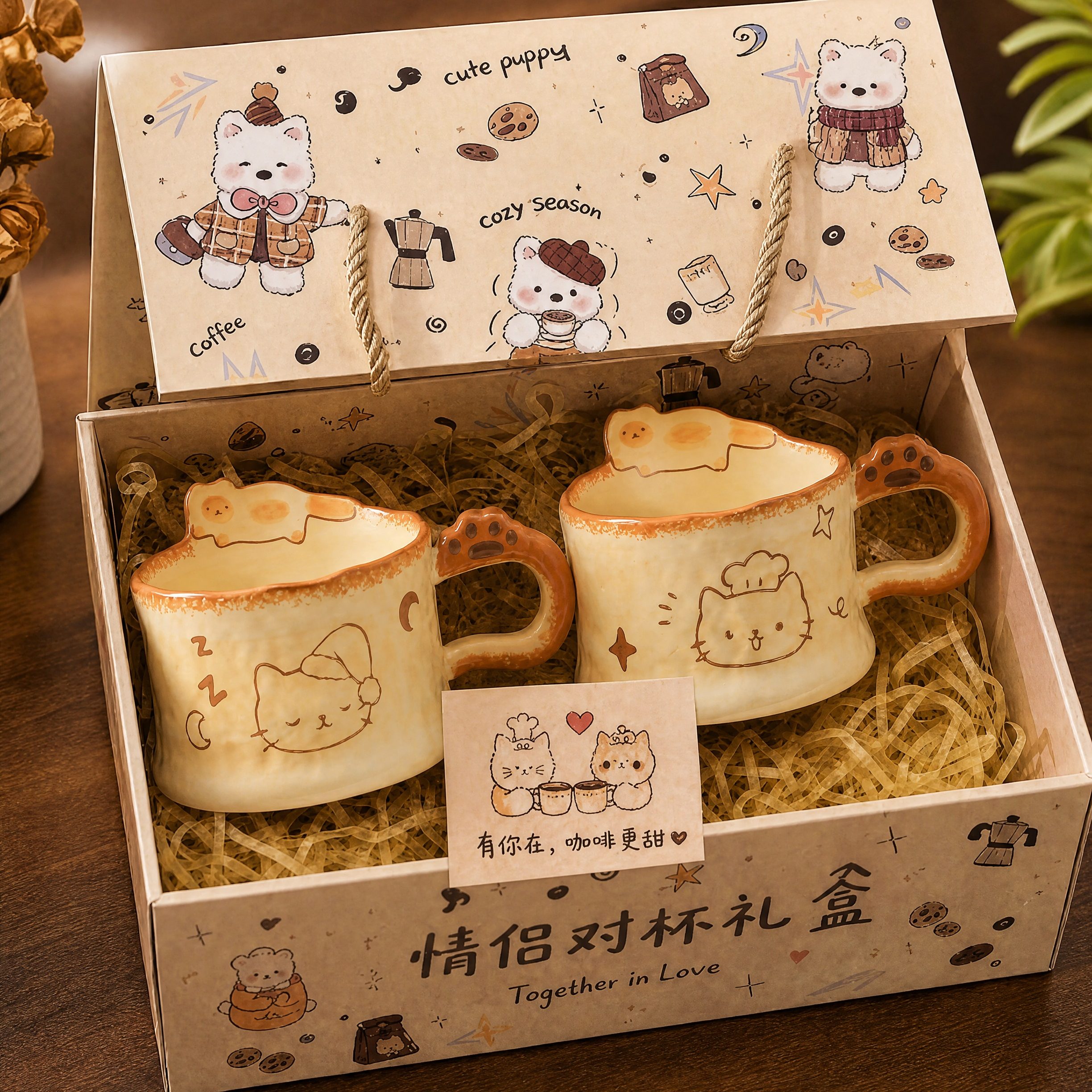 可爱高颜值猫咪情侣杯子高级感一对陶瓷马克杯礼盒男女生生日礼物