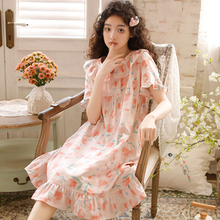新款 夏季 女纯棉双层纱布睡裙日系甜美可爱短袖 套头中长款 家居睡衣