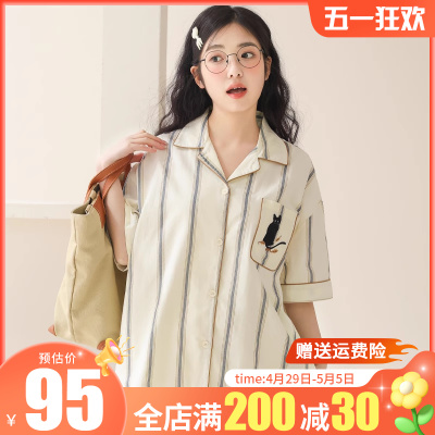 睡衣女款2024新款春款纯棉短袖长裤两件套简约宽松夏季薄款家居服