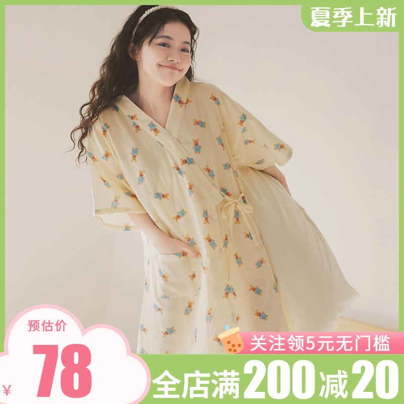 和服睡裙女布料纯棉纱布日系小熊短袖汗蒸服大码睡衣夏季家居服