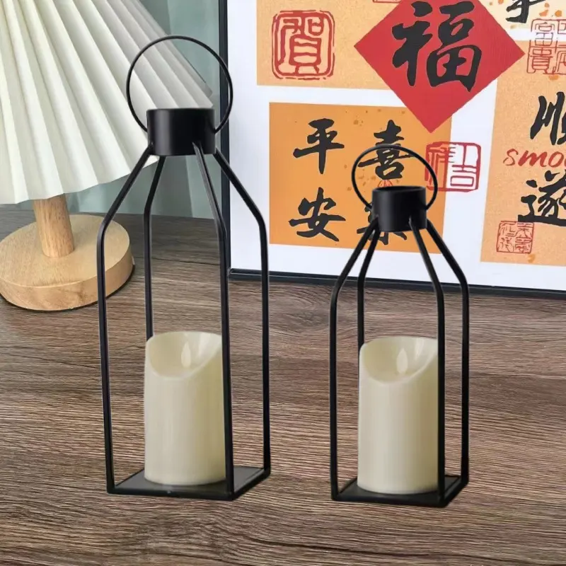 现代手提圣诞蜡烛照明装饰黑色金属蜡烛灯客厅摆件铁艺烛台户外