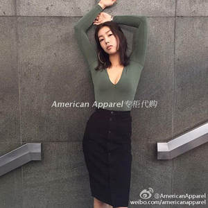 American apparel大v领莫代尔豆沙绿短绒打底长袖官网代购