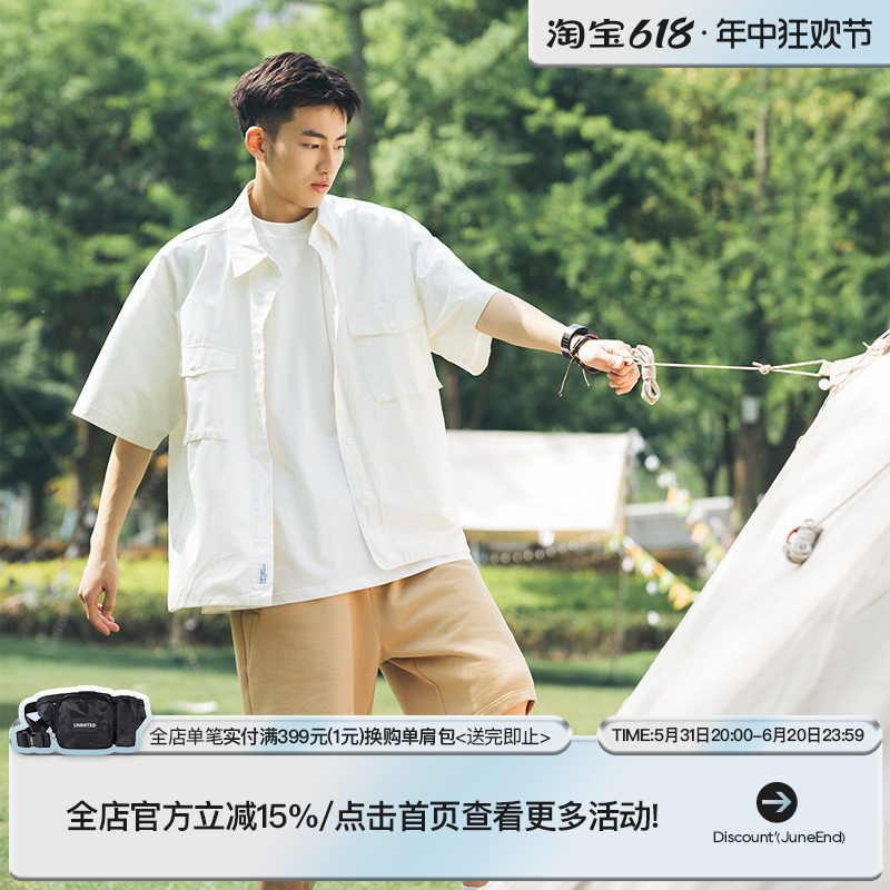 cityboy日系工装短袖衬衫男夏季潮牌纯色休闲五分袖少年衬衣外套