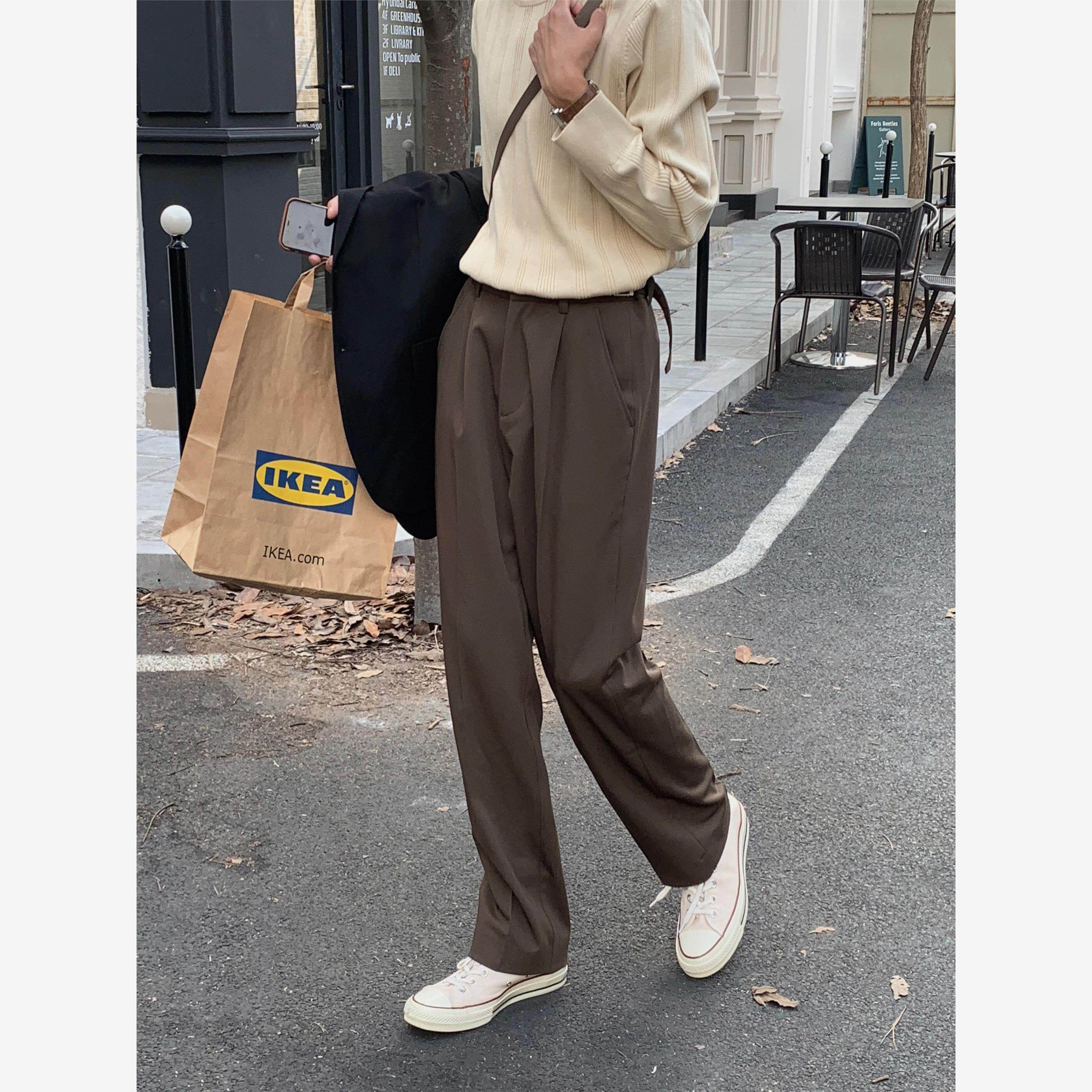 Eli 四季通用韩版纯色男生百搭流行宽松潮流直筒裤修身坠感休闲裤