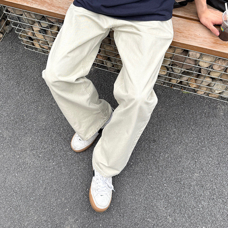米白色直筒纯棉牛仔裤男