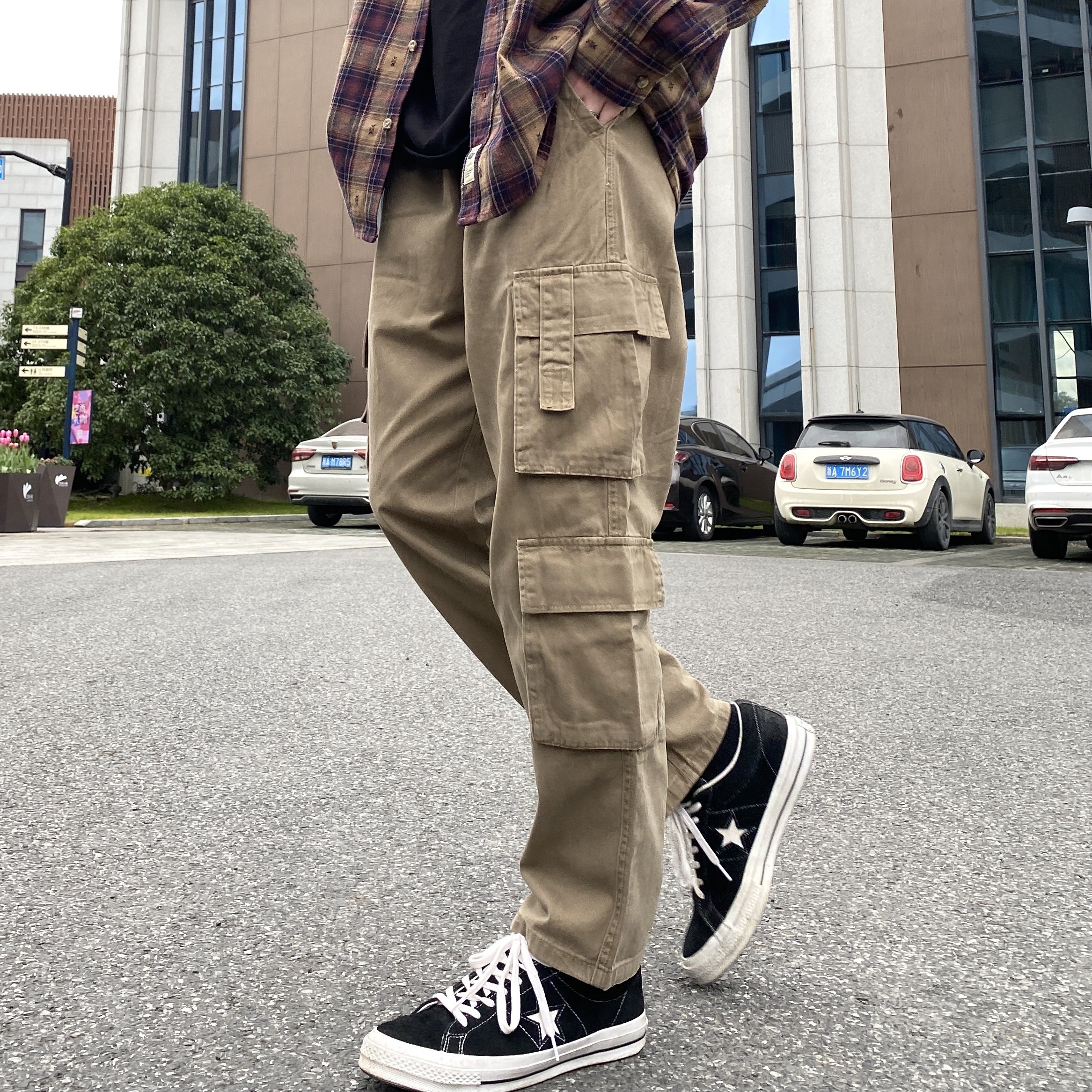 nice lili春秋日系复古宽松直筒多口袋工装裤百搭休闲阔腿裤男