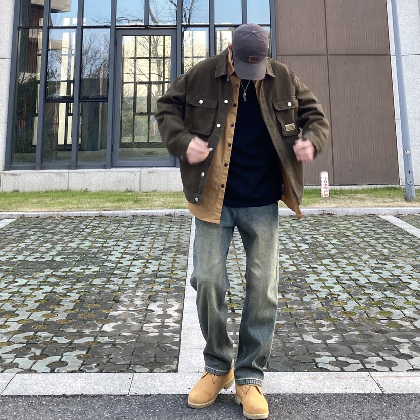 nice lili春秋日系复古宽松阔版重磅多口袋美式工装外套夹克男