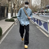 LILI春季 美式 复古水洗翻领口袋牛仔衬衫 NICE 宽松重磅长袖 衬衣男