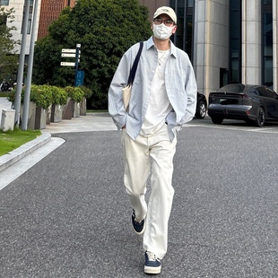 休闲长袖 衬衫 翻领衬衣男女 LILI日系复古宽松廓形竖条纹工装 NICE