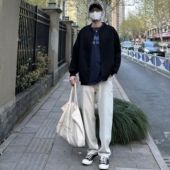 NICE 男 休闲高级感长裤 LILI日系复古宽松直筒米白水洗牛仔裤 美式