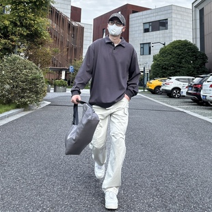 復古寬松重磅長袖 POLO領衛衣休閑翻領拼接上衣男 LILI美式 NICE