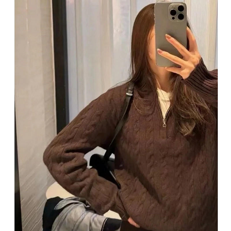 一勺米！高端！老钱风~100%全羊毛松弛感半拉链立领绞花纹理毛衣