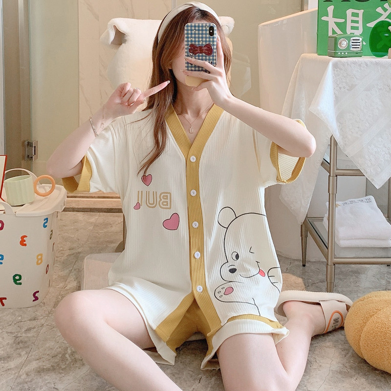 봄과 여름 얇은 순면 산후 모유 수유 및 땀 흡수 감금 옷 여성을위한 반팔 반바지 출산 잠옷 7 월 8 일