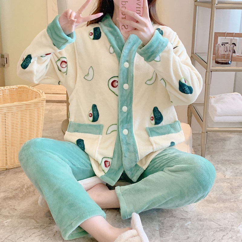 플란넬 두꺼운 산후 모유 수유 및 모유 수유 봄 가을 겨울 순면 산호 벨벳 감금 의류 10 월 출산 잠옷