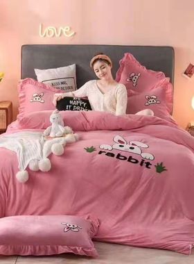 加厚蓝色粉色珊瑚绒床裙韩式法兰绒床上简约紫色绿色床罩法莱绒