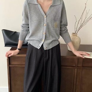 上衣潮 灰色简约洋气翻领长袖 针织开衫 女2025早秋薄款 休闲百搭大码