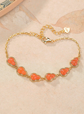 天然水红S925纯银镀金葫芦手链