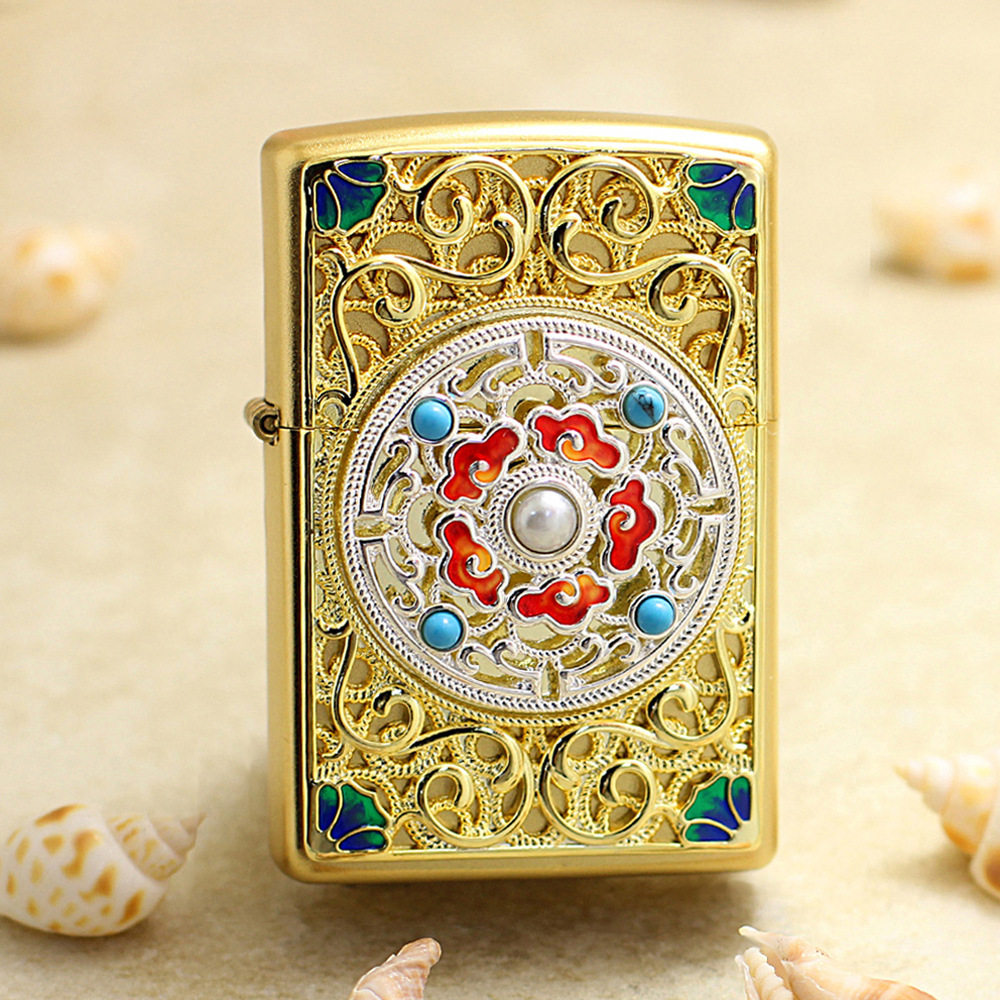 zippo磨砂镀金花丝祥云罗盘转转