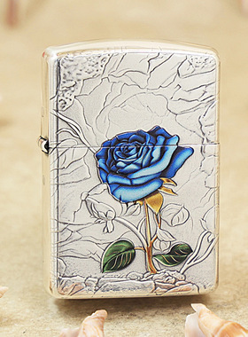 原装正品之宝打火机162浮雕彩绘蓝色妖姬蓝色玫瑰花镀银花版zippo