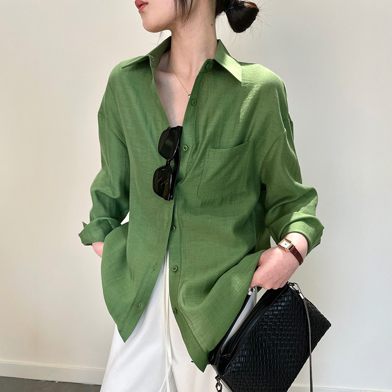 长袖衬衫女款2026新款薄夏季女士天丝醋酸亚麻宽松防晒衫上衣绿色