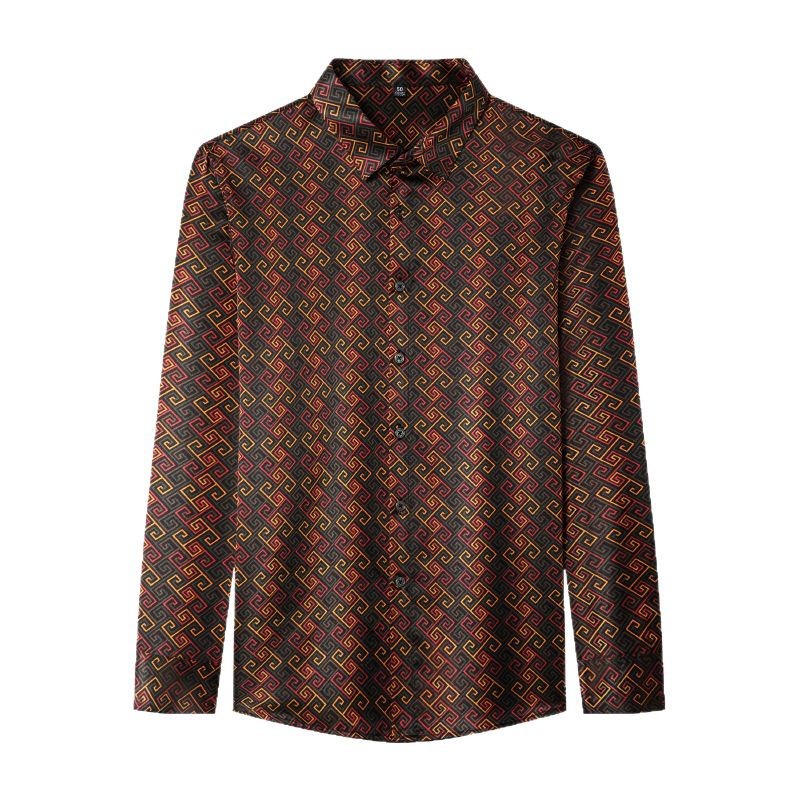 桑蚕丝衬衫长袖花衬衣真丝绸缎中老年爸爸休闲高端缎面丝绸正品男